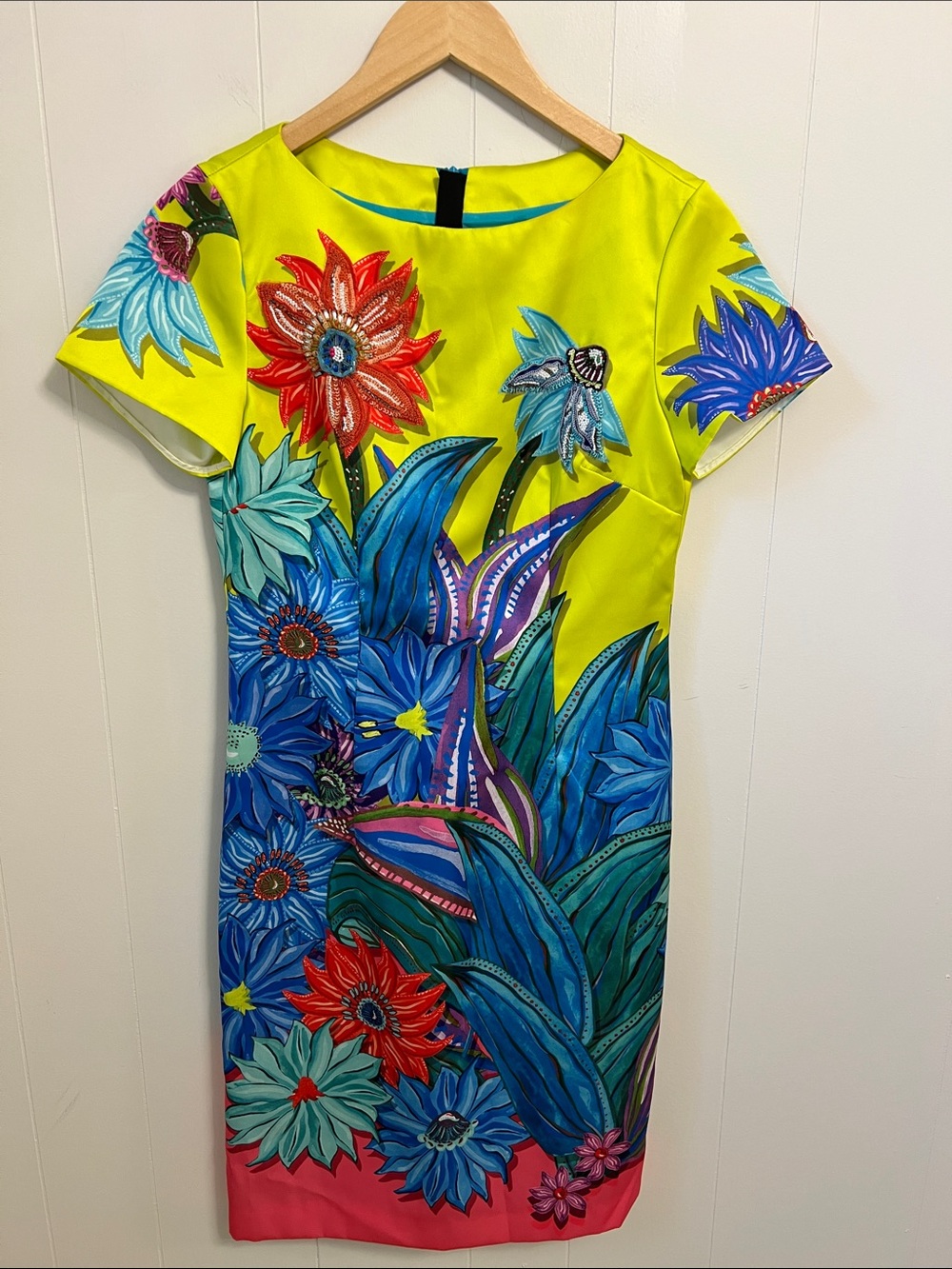 NEW Marc Cain Glam Botanical Floral Dress Beaded Appliqué Yellow Blue N1 US 2